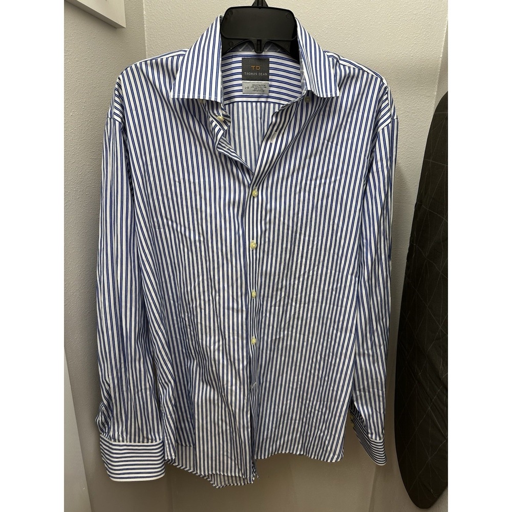 TD Thomas Dean Mens Gray Blue Striped Button Front Dress Shirt Size Large Office - Picture 2 of 5
